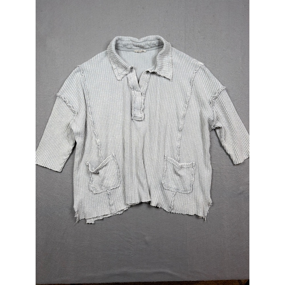 Easel Los Angeles Gray Ribbed Knit Raw Edge Pullover Top Large